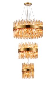 Modus 3 Tier 25cm + 40cm + 60cm Pendant, 6 + 10 + 18 Light G9, Brass/Amber, Item Weight: 34kg