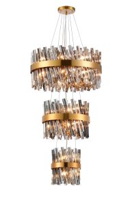 Modus 3 Tier 25cm + 40cm + 60cm Pendant, 6 + 10 + 18 Light G9, Brass/Smoke, Item Weight: 34kg