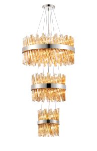 Modus 3 Tier 25cm + 40cm + 60cm Pendant, 6 + 10 + 18 Light G9, Polished Nickel/Amber, Item Weight: 34kg