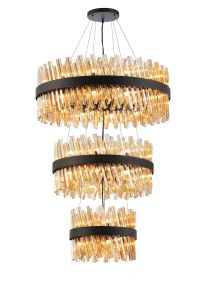 Modus 3 Tier 40cm + 60cm + 80cm Pendant, 10 + 18 + 24 Light G9, Satin Black/Amber, Item Weight: 50kg