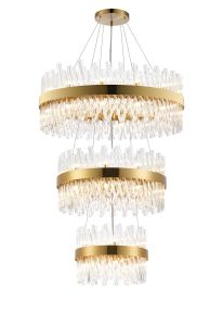 Modus 3 Tier 40cm + 60cm + 80cm Pendant, 10 + 18 + 24 Light G9, Brass/Clear, Item Weight: 50kg