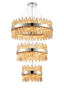 Modus 3 Tier 40cm + 60cm + 80cm Pendant, 10 + 18 + 24 Light G9, Polished Nickel/Amber, Item Weight: 50kg