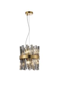 Modus Pendant Round 25cm 6 Light G9, Brass / Smoke Sculpted Glass