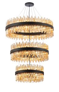 Modus 3 Tier 60cm + 80cm + 1m Pendant, 18 + 24 + 32 Light G9, Satin Black/Amber Item Weight: 70kg