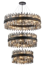 Modus 3 Tier 60cm + 80cm + 1m Pendant, 18 + 24 + 32 Light G9, Satin Black/Smoke Item Weight: 70kg