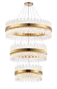 Modus 3 Tier 60cm + 80cm + 1m Pendant, 18 + 24 + 32 Light G9, Brass/Clear Item Weight: 70kg