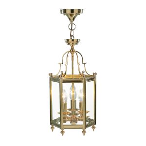 Moorgate 3 Light E14 Polished Brass Adjustable Dual Mounted Hexagonal Lantern Pendant With Clear Glass Panels