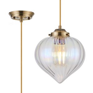 Mia 23cm Single Pendant With Flower Bud Shade 1 x E27, Antique Brass/Golden Brown Braided Cable/Iridescent Faded