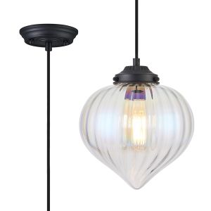 Mia 23cm Single Pendant With Flower Bud Shade 1 x E27, Satin Black/Black Braided Cable/Iridescent Faded