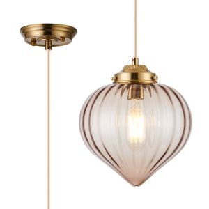 Mia 23cm Single Pendant With Flower Bud Shade 1 x E27, Brass/Pale Gold Braided Cable/Cognac