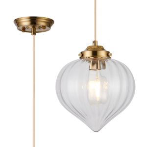 Mia 23cm Single Pendant With Flower Bud Shade 1 x E27, Brass/Pale Gold Braided Cable/Clear