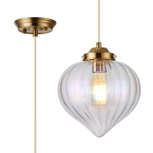 Mia 23cm Single Pendant With Flower Bud Shade 1 x E27, Brass/Pale Gold Braided Cable/Iridescent Faded