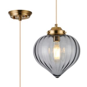 Mia 23cm Single Pendant With Flower Bud Shade 1 x E27, Brass/Pale Gold Braided Cable/Smoke