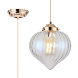 Mia 23cm Single Pendant With Flower Bud Shade 1 x E27, French Gold/Gold Braided Cable/Iridescent Faded