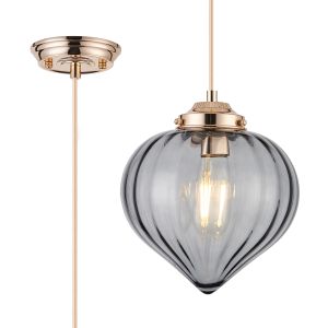 Mia 23cm Single Pendant With Flower Bud Shade 1 x E27, French Gold/Gold Braided Cable/Smoke