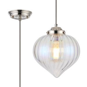 Mia 23cm Single Pendant With Flower Bud Shade 1 x E27, Polished Nickel/Grey Braided Cable/Iridescent Faded