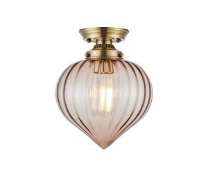 Mia 23cm Flush Ceiling Light With Flower Bud Shade 1 x E27, Antique Brass/Cognac
