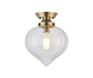 Mia 23cm Flush Ceiling Light With Flower Bud Shade 1 x E27, Antique Brass/Clear