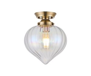 Mia 23cm Flush Ceiling Light With Flower Bud Shade 1 x E27, Antique Brass/Iridescent Faded