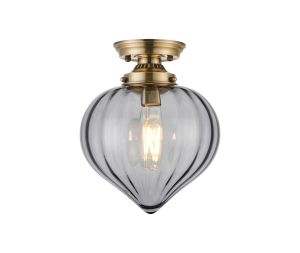 Mia 23cm Flush Ceiling Light With Flower Bud Shade 1 x E27, Antique Brass/Smoke