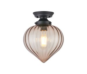 Mia 23cm Flush Ceiling Light With Flower Bud Shade 1 x E27, Satin Black/Cognac