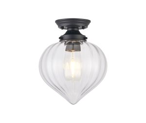 Mia 23cm Flush Ceiling Light With Flower Bud Shade 1 x E27, Satin Black/Clear