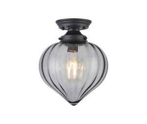 Mia 23cm Flush Ceiling Light With Flower Bud Shade 1 x E27, Satin Black/Smoke
