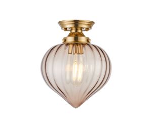 Mia 23cm Flush Ceiling Light With Flower Bud Shade 1 x E27, Brass/Cognac