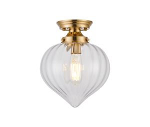 Mia 23cm Flush Ceiling Light With Flower Bud Shade 1 x E27, Brass/Clear
