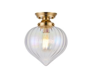 Mia 23cm Flush Ceiling Light With Flower Bud Shade 1 x E27, Brass/Iridescent Faded