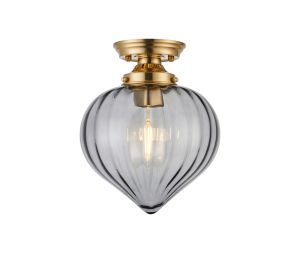 Mia 23cm Flush Ceiling Light With Flower Bud Shade 1 x E27, Brass/Smoke