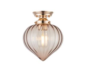 Mia 23cm Flush Ceiling Light With Flower Bud Shade 1 x E27, French Gold/Cognac