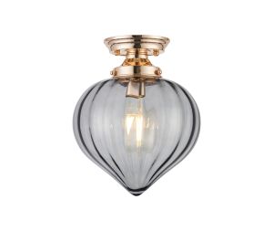 Mia 23cm Flush Ceiling Light With Flower Bud Shade 1 x E27, French Gold/Smoke