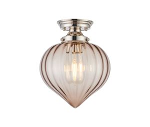 Mia 23cm Flush Ceiling Light With Flower Bud Shade 1 x E27, Polished Nickel/Cognac