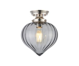 Mia 23cm Flush Ceiling Light With Flower Bud Shade 1 x E27, Polished Nickel/Smoke