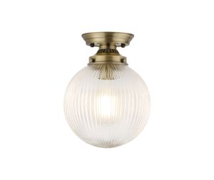 Mia Flush Ceiling Light With 20cm Acorn Ribbed Glass, 1 x E27, Antique Brass/Clear