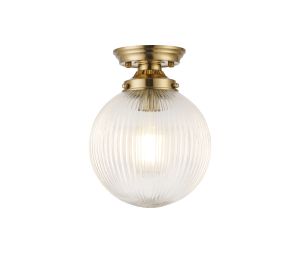 Mia Flush Ceiling Light With 20cm Acorn Ribbed Glass, 1 x E27, Brass/Clear