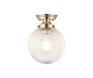 Mia Flush Ceiling Light With 20cm Acorn Ribbed Glass, 1 x E27, French Gold/Clear
