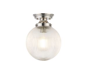 Mia Flush Ceiling Light With 20cm Acorn Ribbed Glass, 1 x E27, Polished Nickel/Clear