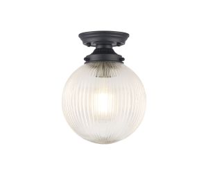 Mia Flush Ceiling Light With 20cm Acorn Ribbed Glass, 1 x E27, Satin Black/Clear