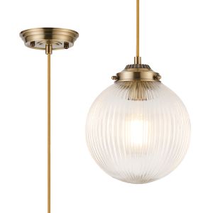 Mia Single Pendant With 20cm Acorn Ribbed Glass, 1 x E27, Antique Brass/Golden Brown Braided Braided Cable/Clear