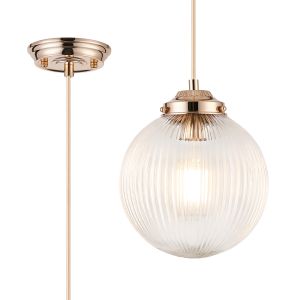 Mia Single Pendant With 20cm Acorn Ribbed Glass, 1 x E27, French Gold/Gold Braided Braided Cable/Clear