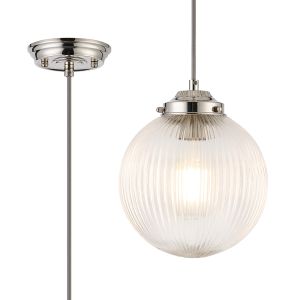 Mia Single Pendant With 20cm Acorn Ribbed Glass, 1 x E27, Polished Nickel/Grey Braided Braided Cable/Clear