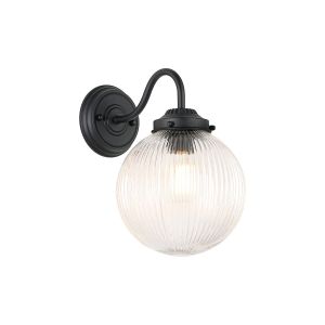 Mia Wall Light With 20cm Acorn Ribbed Glass, 1 x E27, Satin Black/Clear