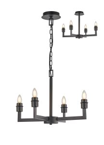 Isola 55cm Adjustable Multi Arm Pendant/Semi Ceiling (FRAME ONLY) Without Shade, 4 Light E27, c/w 1m Chain, Satin Black