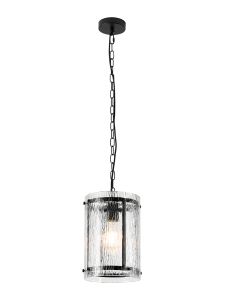 Bruschetta 20.5cm Pendant, 1 Light E27, Matt Black / Rippled Clear (F) Glass