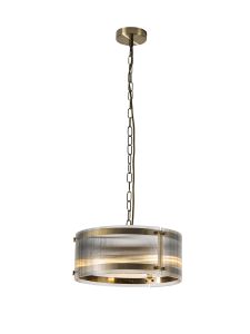 Bruschetta 35cm Pendant, 2 Light E27, Antique Brass / Narrow Ribbed Clear (B) Glass