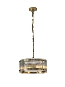 Bruschetta 35cm Pendant, 2 Light E27, Antique Brass / Wide Ribbed Clear (C) Glass