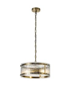 Bruschetta 35cm Pendant, 2 Light E27, Antique Brass / Rippled Clear (F) Glass