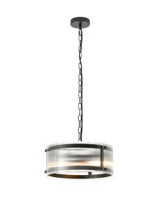 Bruschetta 35cm Pendant, 2 Light E27, Matt Black / Narrow Ribbed Clear (B) Glass